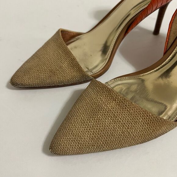 Coach Heels Pointed Toe Tan Burlap Orange Snakeskin Camille Q4508 Size 9.5 - Picture 2 of 14